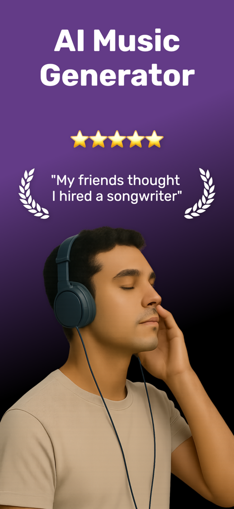 A man with headphones listening to music on the Jamify AI Song Generator app with a five star review