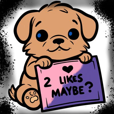 a puppy holding a sign that says 2 likes maybe?