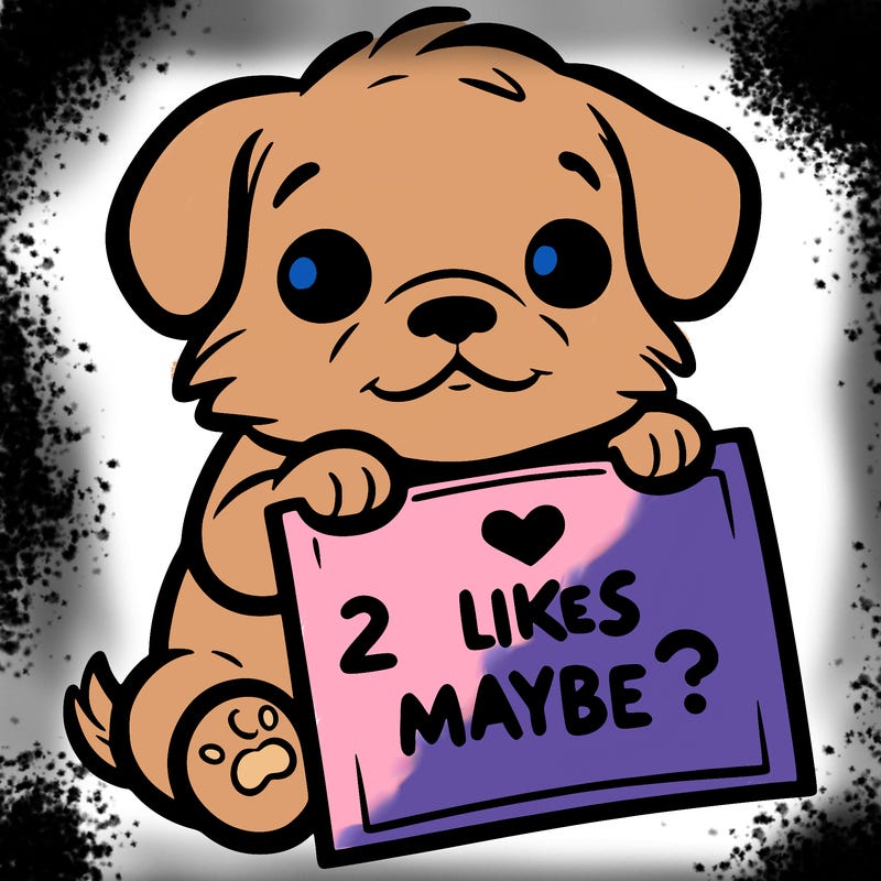 a puppy holding a sign that says 2 likes maybe?