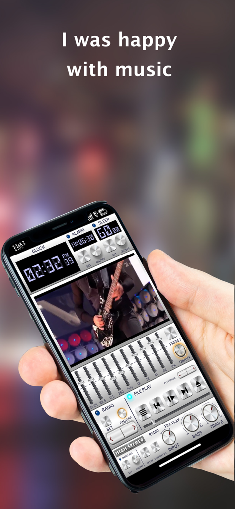 HighStereo - MP3 Music Player - Interfaz de la aplicación del reproductor de música HighStereo con un diseño esquelomórfico vintage con controles deslizantes de ecualizador y perillas de audio en un teléfono inteligente