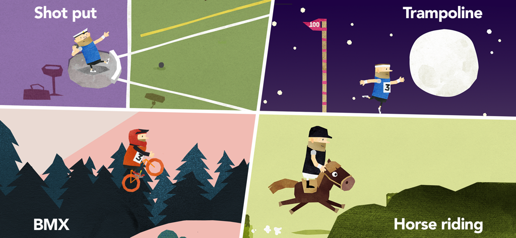Fiete Sports Fun Minigames 4+ - Collage of four illustrated sports minigames for children featuring shot put trampoline BMX and horse riding