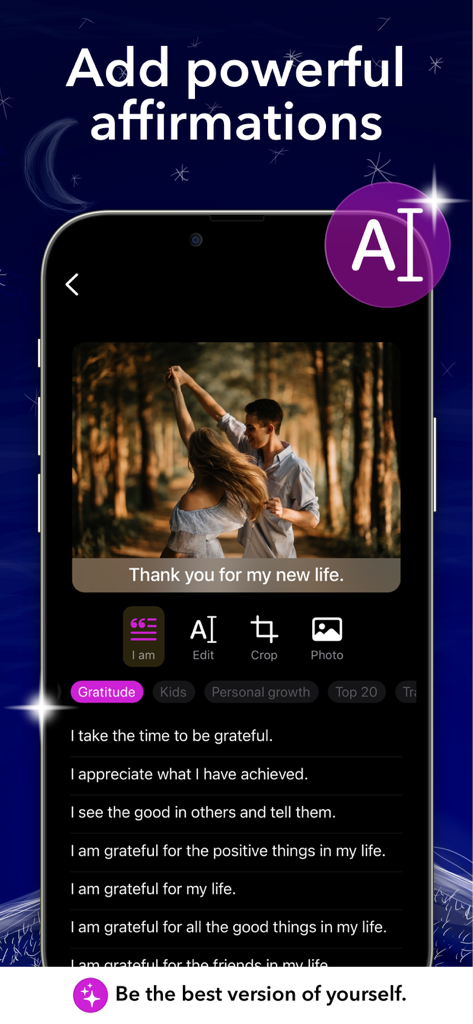 Vision Board app interface showing AI generated affirmations and a gratitude journal photo editor