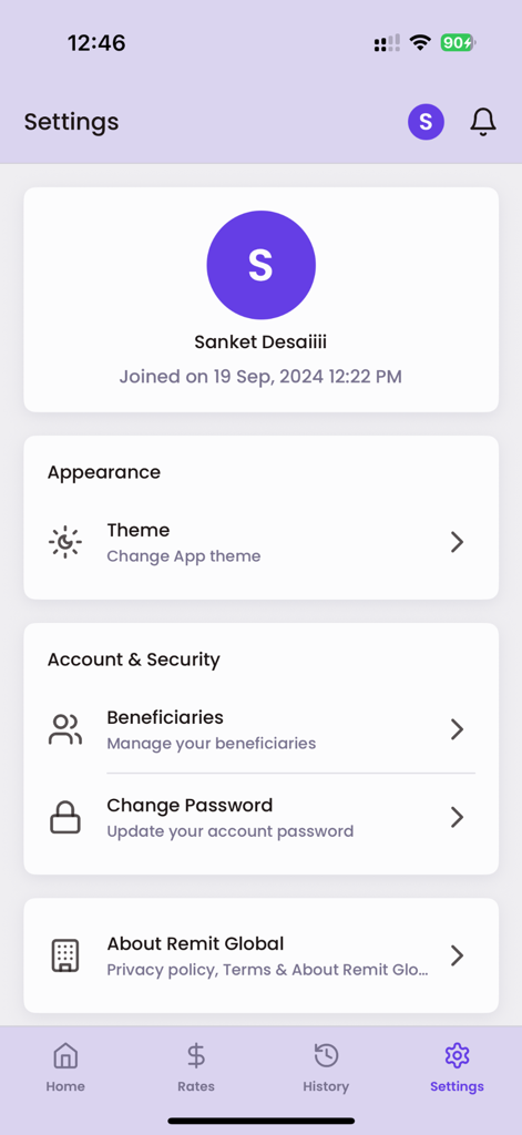 Settings screen of the Yonna Global app showing user profile account security options and app theme settings