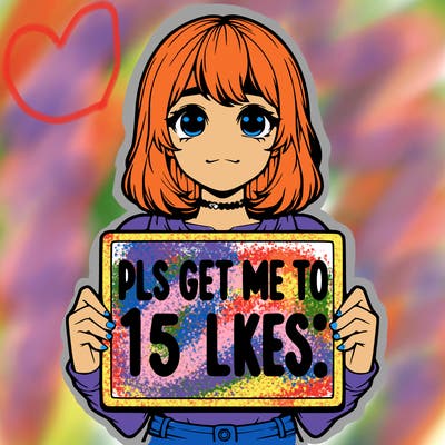 realistic girl holding up a sign that says “pls get me to 15 likes!”
