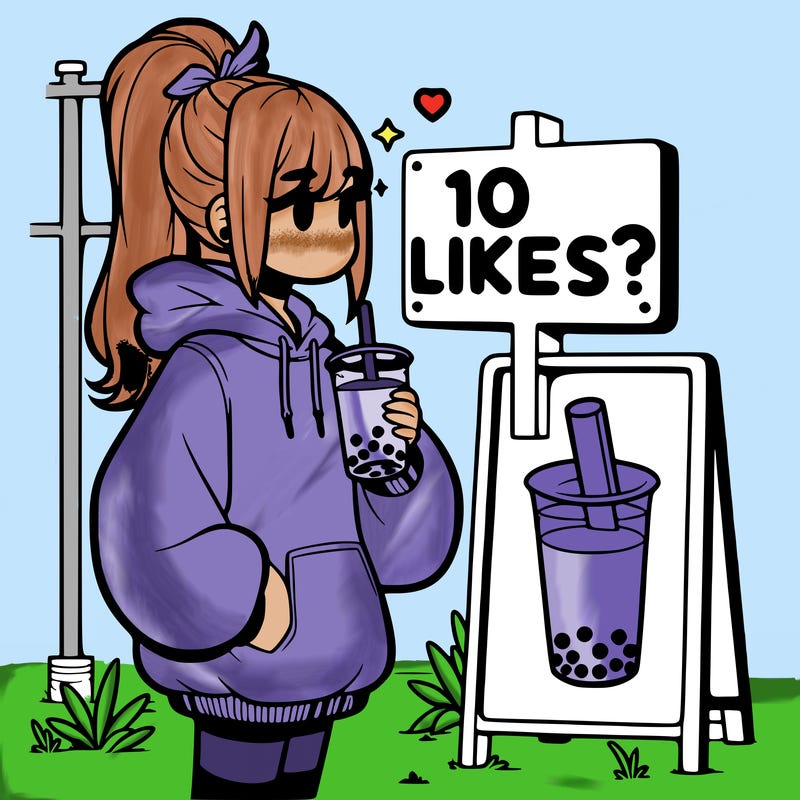 girl with oversized hoodie drinking boba and she has a high ponytail with a sign that says 10likes?