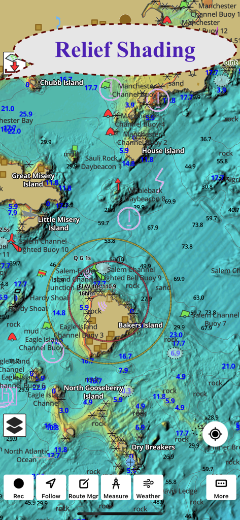 Seekarte mit Reliefschattierung für Unterwasser-Topographie in der Fishing Points App.
