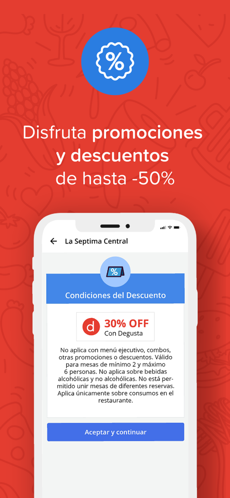 Degusta - Tela do aplicativo Degusta promovendo descontos em restaurantes e ofertas exclusivas em espanhol