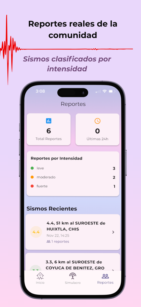 Smartphone screen from Sismos Mexico app displaying community earthquake reports and intensity levels
