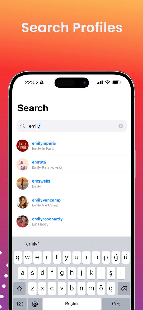 Followers, Unfollowers Report - Mobile App-Oberfläche von Followers Unfollowers Report, die eine Profilsuche nach dem Namen Emily mit einer Liste übereinstimmender Konten zeigt