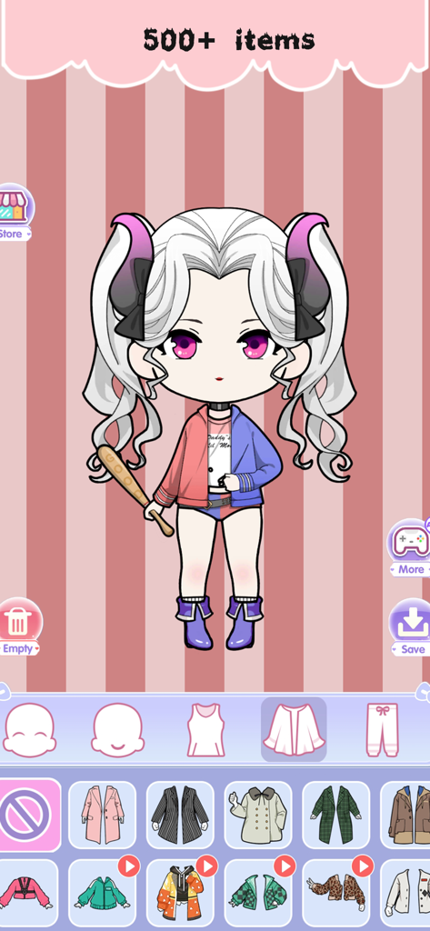 Anime-style doll character customization screen in Vlinder Dolls with various clothing options