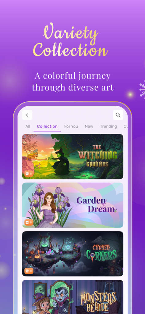 Adult Coloring Book - Artasy - Una pantalla de variedad de colecciones en la aplicación Artasy que muestra diferentes categorías de libros para colorear temáticos como fantasía y naturaleza.