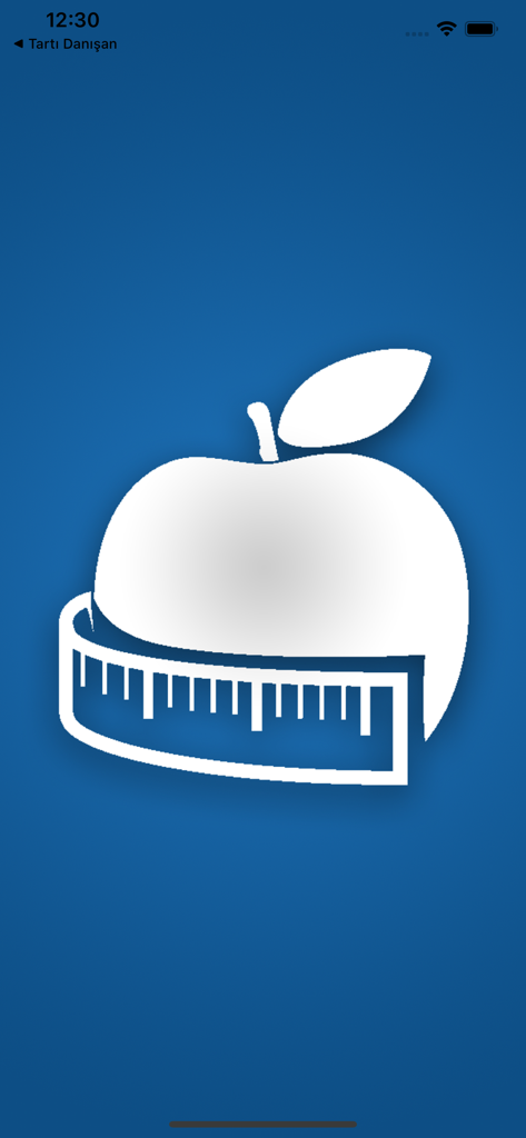 Tarti Uzman app splash screen featuring a white apple icon wrapped in a measuring tape on a blue background