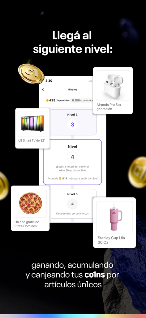 n1co - Mobile screen showing the n1co app rewards system with tiered levels and prizes including electronics and gift cards.