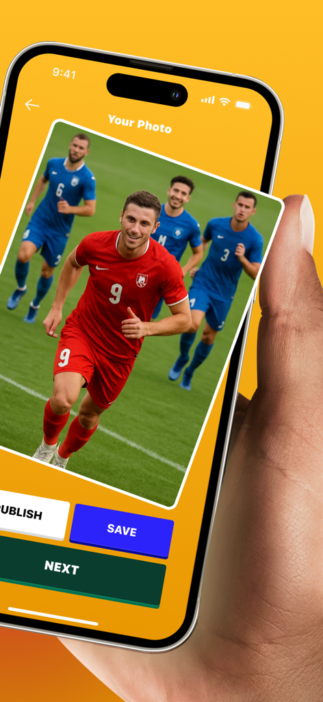 Doradoballアプリのインターフェース内で、プロが生成したサッカーポートレートを表示するスマートフォン