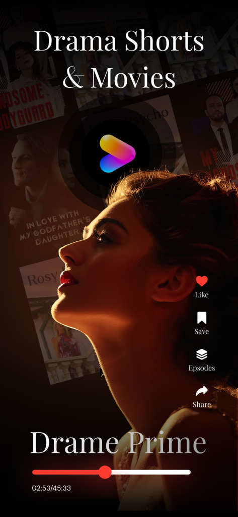 Drama Prime: Short Movies & TV - Interface do aplicativo Drama Prime com pôsteres de filmes curtos verticais e séries dramáticas