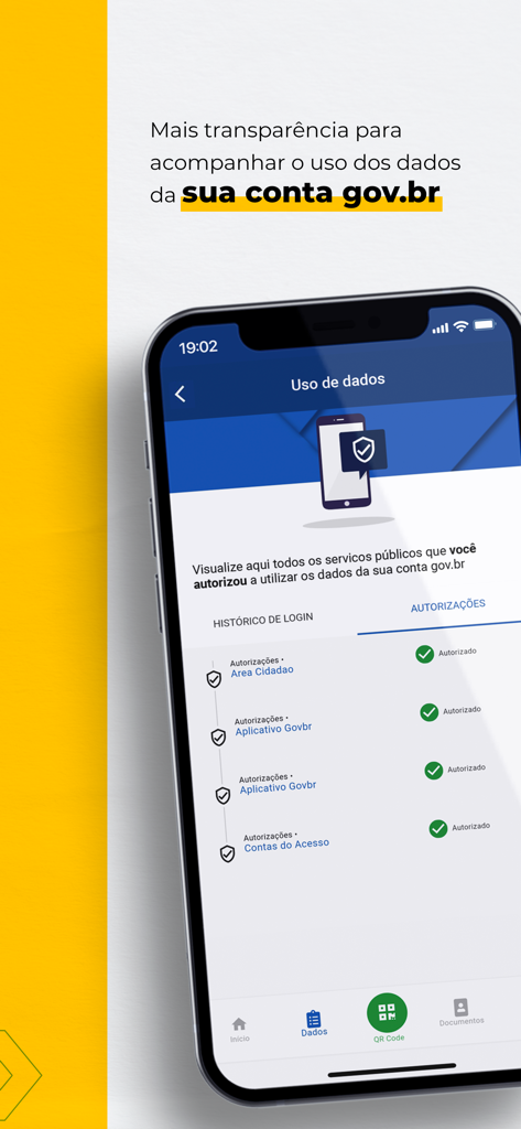 Interface of the gov.br app showing the data usage screen with a list of authorized services for better transparency.