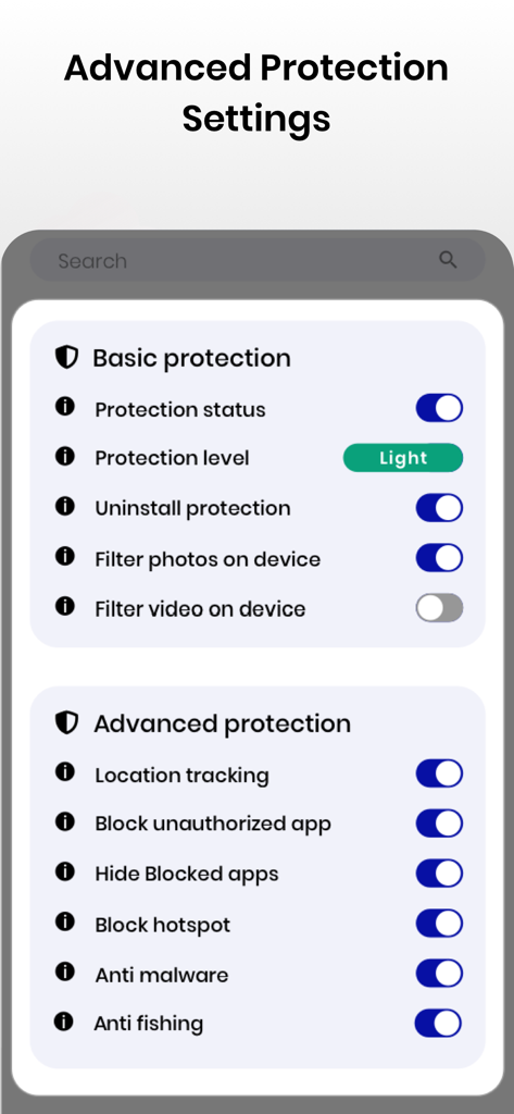 Parental Control Netspark - Interface of Netspark parental control app showing advanced protection and filtering settings