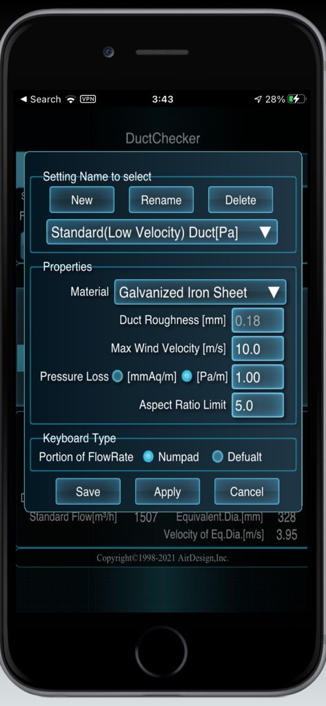 DuctChecker - DuctChecker app settings interface showing duct material and property configurations for HVAC calculations.