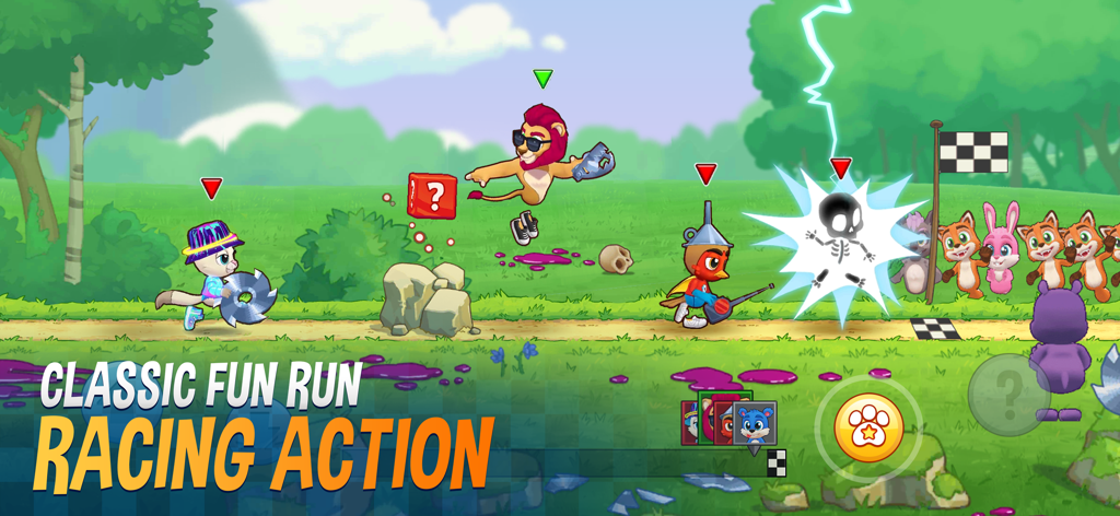 Animales personalizados corriendo con power-ups y acción caótica en Fun Run 4