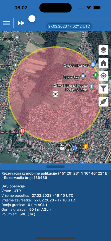 AMC Portal Mobile - Map view showing a circular drone flight reservation zone with altitude and timing details in the AMC Portal Mobile app