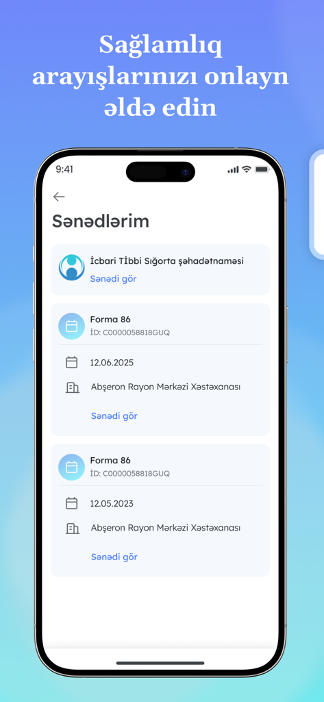 e-Tabib - Una pantalla de teléfono móvil que muestra la sección Mis Documentos de la aplicación e-Tabib con certificados médicos y registros de seguros.