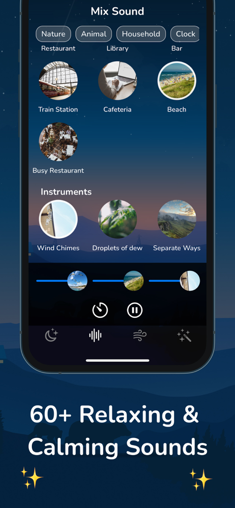 Interfaz de la aplicación Melodías Relajantes mostrando categorías de mezcla de sonidos ambientales personalizables y controles de volumen.