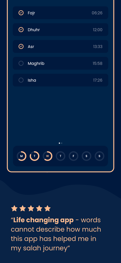 Pillars: Prayer Times & Qibla - Pillars app interface showing daily prayer times prayer tracker and a positive user review