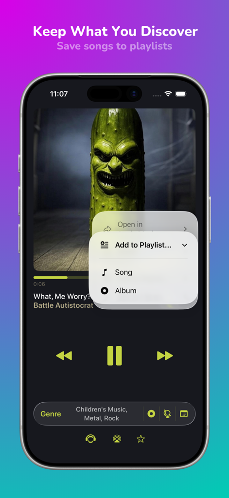 Univershuffle: Discover Music - Univershuffle app screen showing the option to add discovered songs or albums to a playlist