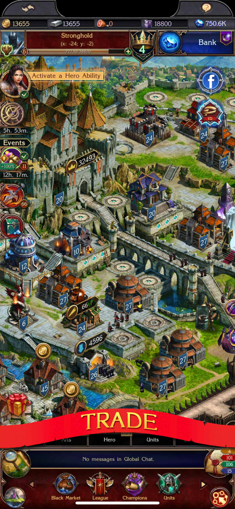 Stormfall: Rise of Balur - A detailed aerial view of a fantasy stronghold and city in Stormfall Rise of Balur with building levels and game menus