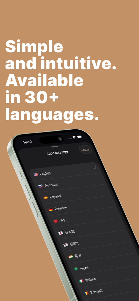 Livable - AI Interior Designer - Tela de smartphone mostrando as configurações de idioma no aplicativo Livable AI Interior Designer