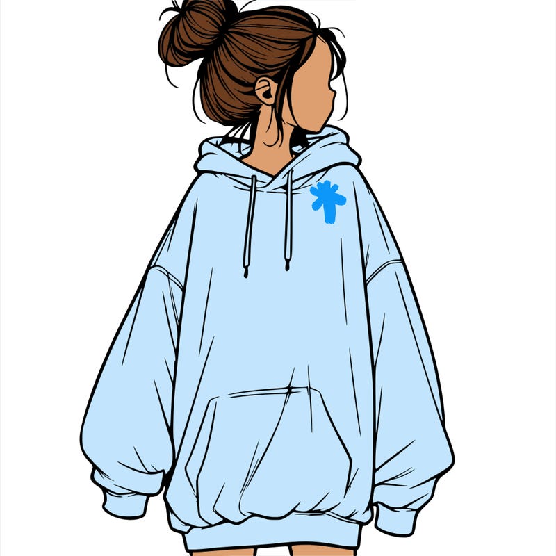 realistic girl with a oversized sweatshirt on and a bun