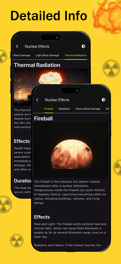 Captura de pantalla de la interfaz de la aplicación Nuke Map que muestra información detallada sobre los efectos de la explosión nuclear, incluida la bola de fuego y la radiación térmica.