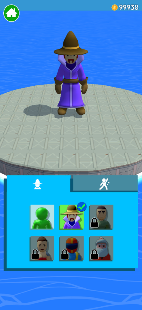 Character selection screen in Push'em all game showing a wizard skin and other locked character options.