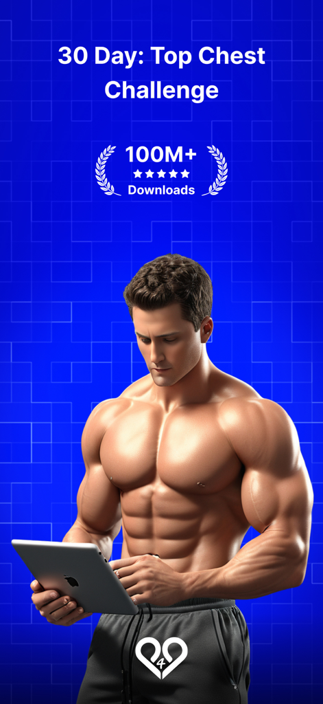 30 day challenge - CHEST - Muscular man using a tablet for a 30 day chest workout challenge