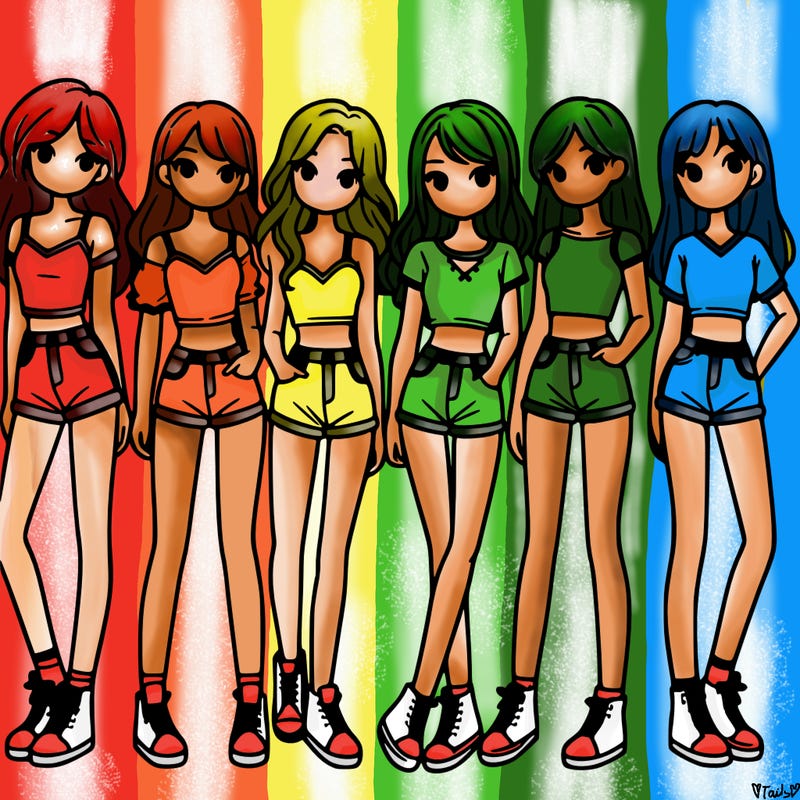 a group of girls wearing crop tops and shorts