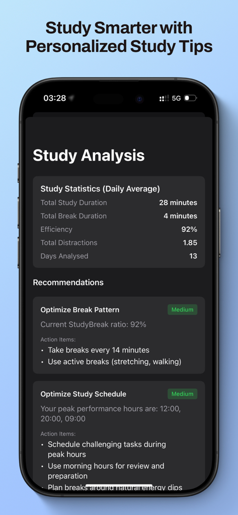 Studybreak: Pomodoro Plan App - Smartphone screen displaying the Studybreak app study analysis dashboard with statistics and personalized recommendations