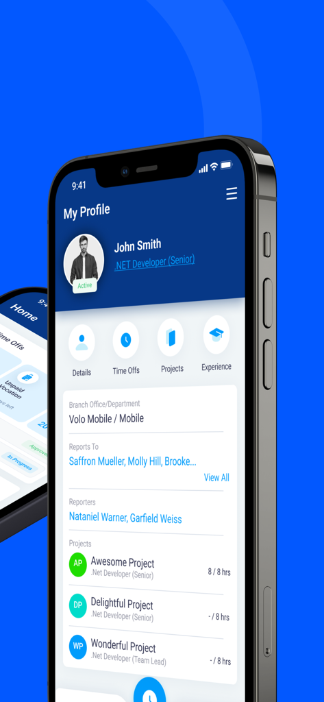 Employee profile screen in the Spark.work app showing personal details, department, reporting structure, and project hours