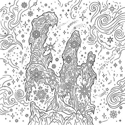 Journey to a fantastical winter galaxy with this unique coloring page featuring the majestic Pillars of Creation. Adorned with cosmic ice and delicate snowflakes, it offers a stunning blend of astronomical wonder and seasonal charm.