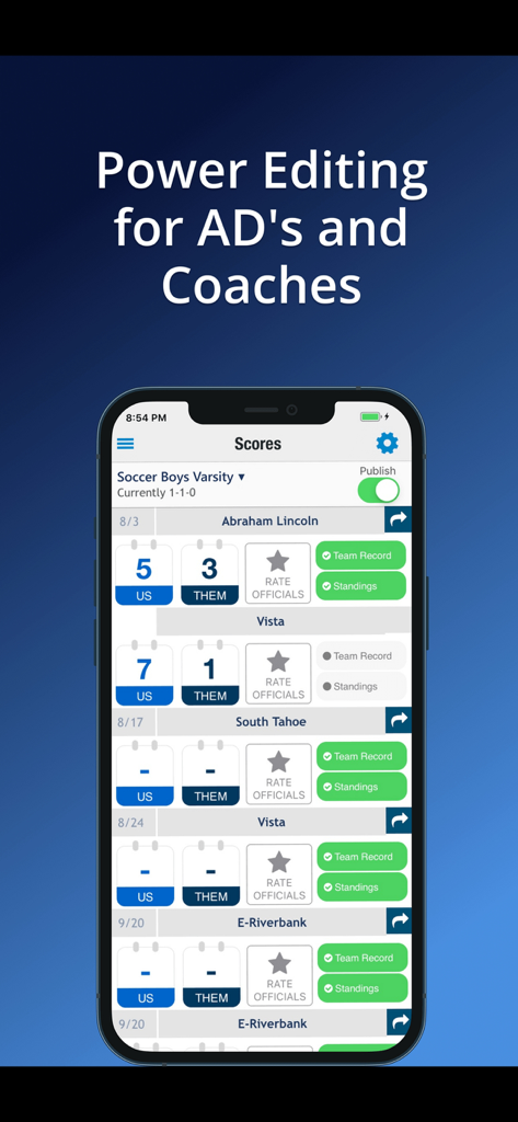 Activity Scheduler - Smartphone screen showing sports score entry and management for school coaches