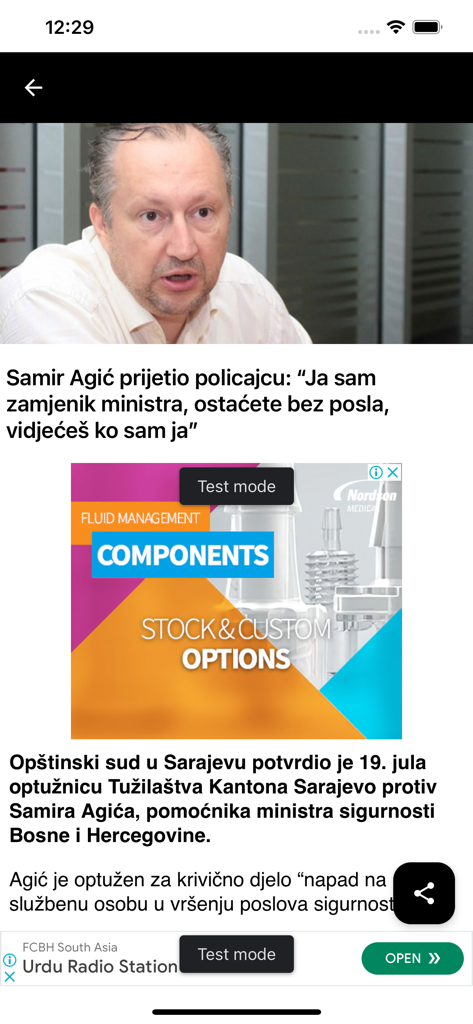 Crna Hronika - A news article screenshot from the Crna Hronika app featuring a report on a local incident in Sarajevo