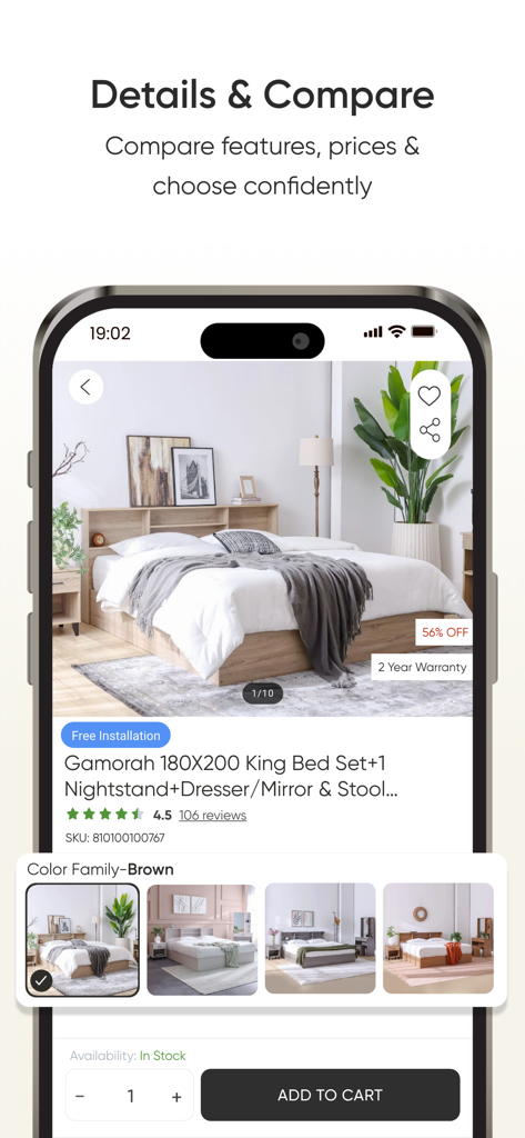 Danube Home - Product detail page in the Danube Home app featuring a king bed set with features like free installation and color variations.