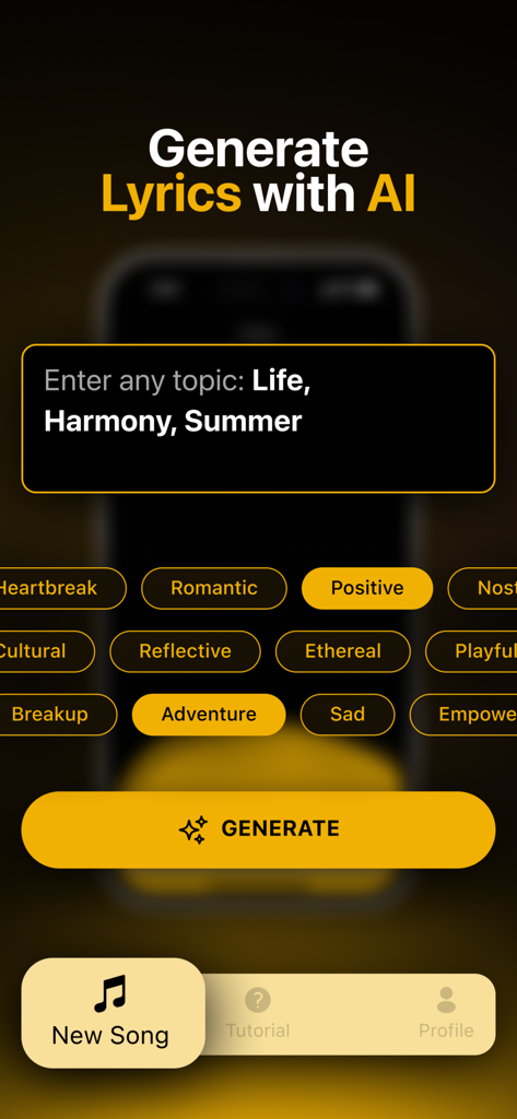 トピックとムードで曲を生成するためのGhostWriter AI Lyricsアプリインターフェイス