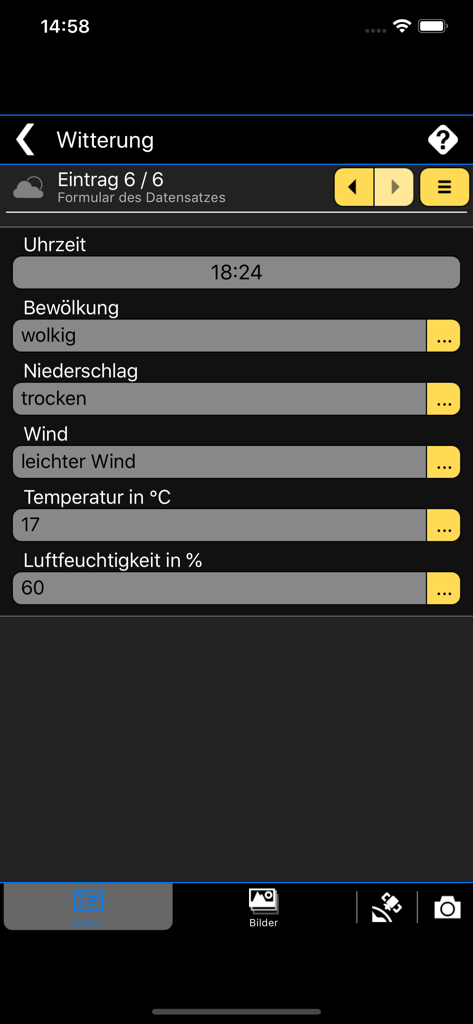 Bautagebuch Mobile weather logging screen showing cloudiness precipitation wind temperature and humidity details
