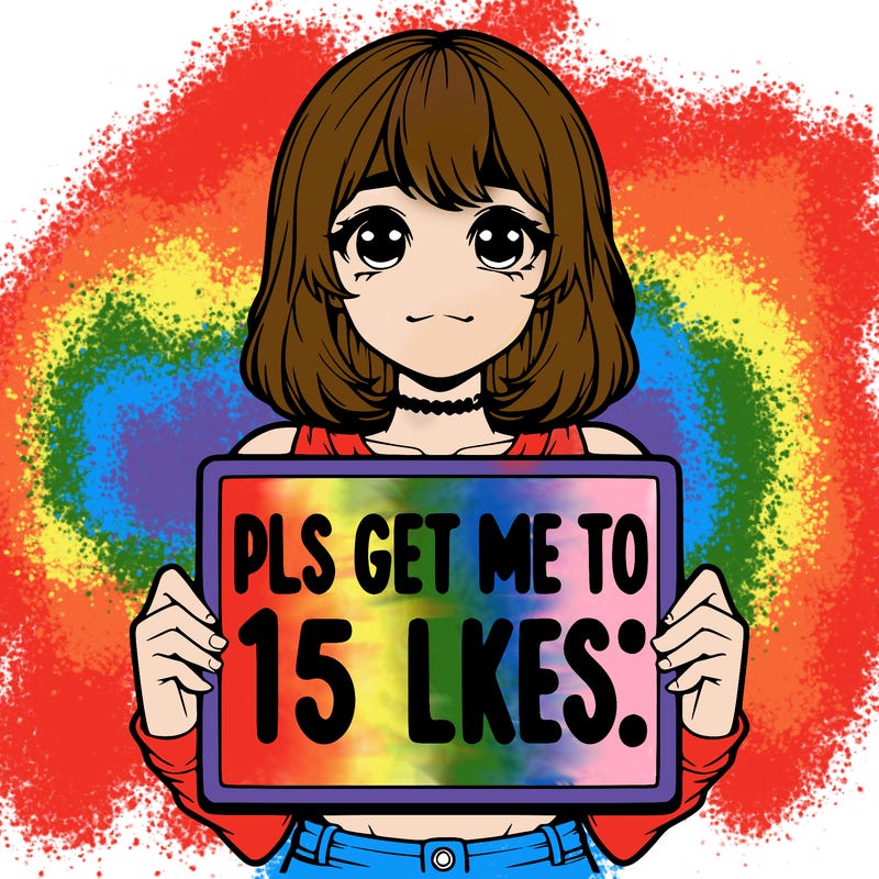 realistic girl holding up a sign that says “pls get me to 15 likes!”