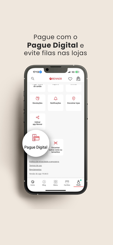 Lojas Renner - Comprar Roupas - A smartphone displaying the Lojas Renner app with a highlight on the Pague Digital feature for quick in-store payments.