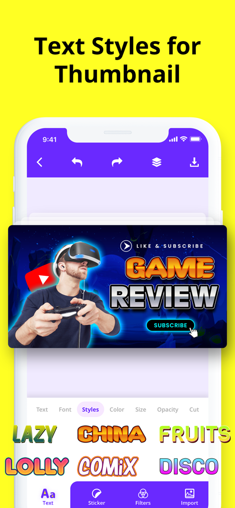 Thumbnail Maker: YT Banner Art - Mobile app interface showing various text styles for creating YouTube thumbnails with a game review example