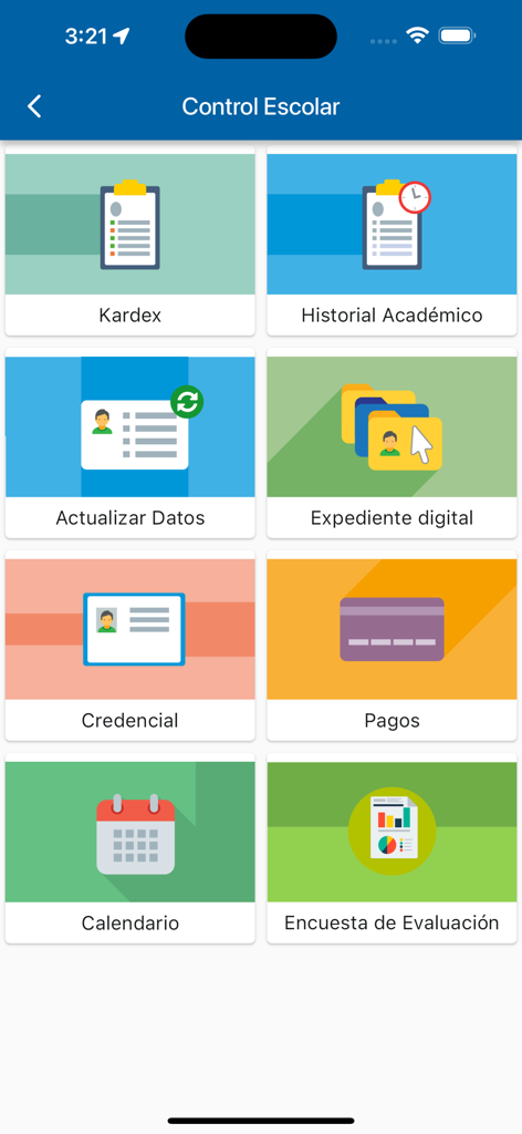 Dashboard of the Campus Virtual UVEG app showing academic administration options like academic history, payments, and digital files