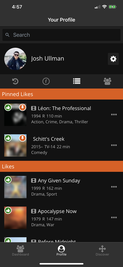 Freckle - Freckle app user profile screen showing pinned likes and movie recommendations list