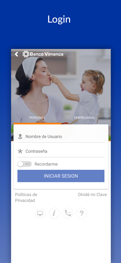 Login screen of the Banco Vimenca mobile banking app showing username and password fields