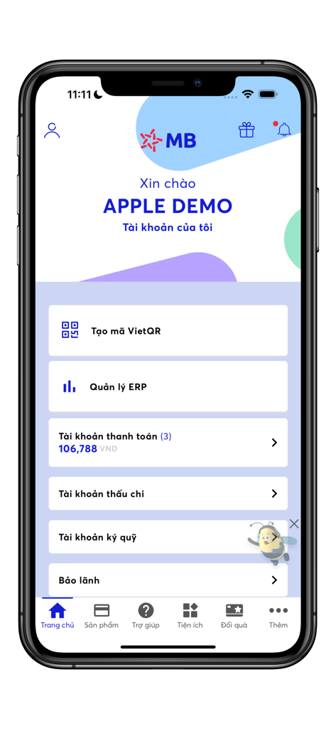 Schermata principale dell'app di banking aziendale BIZ MBBANK che mostra saldi dei conti e opzioni di gestione